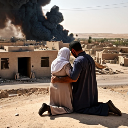 Home 15 ** A war-scarred Iraqi family huddled together, praying. In the background, a distant explosion is visible. The scene should evoke fear and resilience.
**