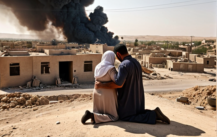 ** A war-scarred Iraqi family huddled together, praying. In the background, a distant explosion is visible. The scene should evoke fear and resilience.

**
