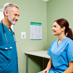 A professional-looking male traveler, an adult, is seated across from a female doctor in a bright, modern medical consultation room. The traveler is fully clothed in modest, comfortable attire, attentively listening as the doctor, dressed in professional medical scrubs, gestures towards a medical chart on the desk. The room features clean lines, soft lighting, and subtle health-related graphics on the wall. The scene conveys a sense of trust and professional medical advice.
    *   **Quality modifiers**: High-resolution, professional photography, realistic, perfect anatomy, correct proportions, natural pose, well-formed hands, proper finger count, well-lit, sharp focus.
    *   **Safety terms**: safe for work, appropriate content, fully clothed, professional.