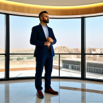 A professional male traveler in a modest business casual outfit, fully clothed, standing confidently in a bright, modern hotel lobby in Erbil, Iraq. Large windows showcase a distant cityscape under a clear sky, blending contemporary design with hints of local architecture. The lobby features comfortable seating, subtle decorative elements, and an inviting atmosphere, emphasizing convenience and safety. safe for work, appropriate content, professional, perfect anatomy, correct proportions, natural pose, well-formed hands, proper finger count, natural body proportions, professional photography, high quality.