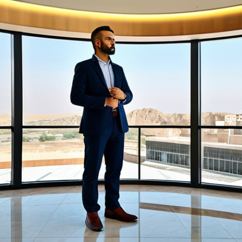 Home 7 A professional male traveler in a modest business casual outfit, fully clothed, standing confidently in a bright, modern hotel lobby in Erbil, Iraq. Large windows showcase a distant cityscape under a clear sky, blending contemporary design with hints of local architecture. The lobby features comfortable seating, subtle decorative elements, and an inviting atmosphere, emphasizing convenience and safety. safe for work, appropriate content, professional, perfect anatomy, correct proportions, natural pose, well-formed hands, proper finger count, natural body proportions, professional photography, high quality.