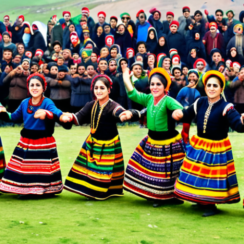 Kurdish Festive Dance**

"A group of Kurdish people in a circle, fully clothed in colorful traditional Kurdish attire, modest clothing, performing the 'Govend' dance at a Newroz celebration, appropriate attire, safe for work, perfect anatomy, natural proportions, vibrant colors, folk dance, traditional music instruments in background, daytime, family-friendly, professional photography, high quality."

**