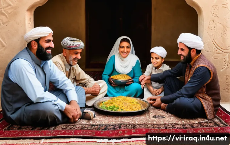 이라크 부족 간 전통과 갈등 - A heartwarming scene depicting an Iraqi tribal family gathered for a communal meal inside a traditio...