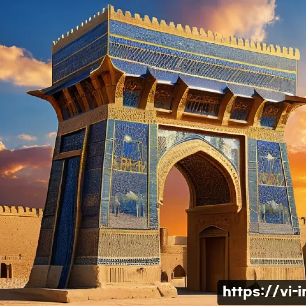 이라크 유네스코 등재 지역 - A majestic ancient Babylonian cityscape at sunset, featuring towering fortified walls and the iconic...