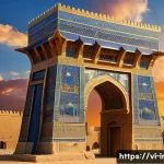 Home 22 이라크 유네스코 등재 지역 - A majestic ancient Babylonian cityscape at sunset, featuring towering fortified walls and the iconic...