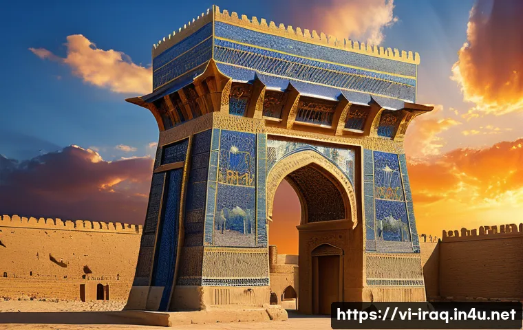 이라크 유네스코 등재 지역 - A majestic ancient Babylonian cityscape at sunset, featuring towering fortified walls and the iconic...