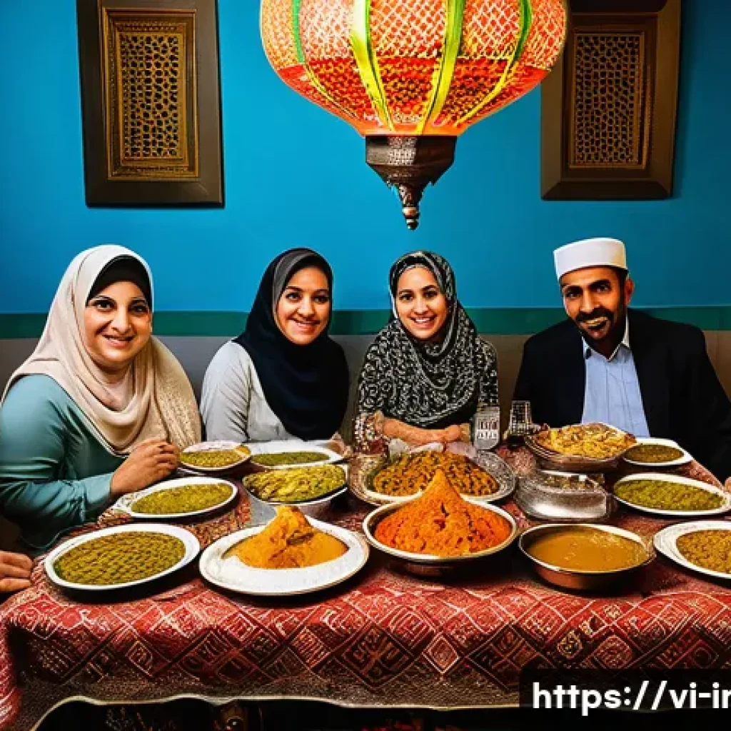 이라크 라마단 축제 전통 - A warm and vibrant family gathering in an Iraqi home during Ramadan Iftar, featuring a richly decora...