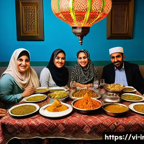 Home 33 이라크 라마단 축제 전통 - A warm and vibrant family gathering in an Iraqi home during Ramadan Iftar, featuring a richly decora...