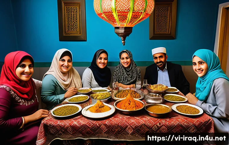 이라크 라마단 축제 전통 - A warm and vibrant family gathering in an Iraqi home during Ramadan Iftar, featuring a richly decora...