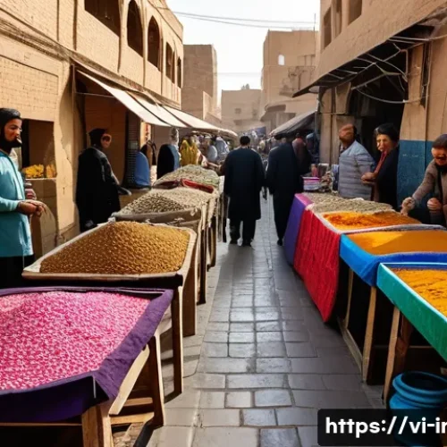 Home 32 이라크 전통 시장 수크의 특징 - A vibrant traditional Iraqi market scene in Baghdad at midday, bustling with diverse crowds includin...