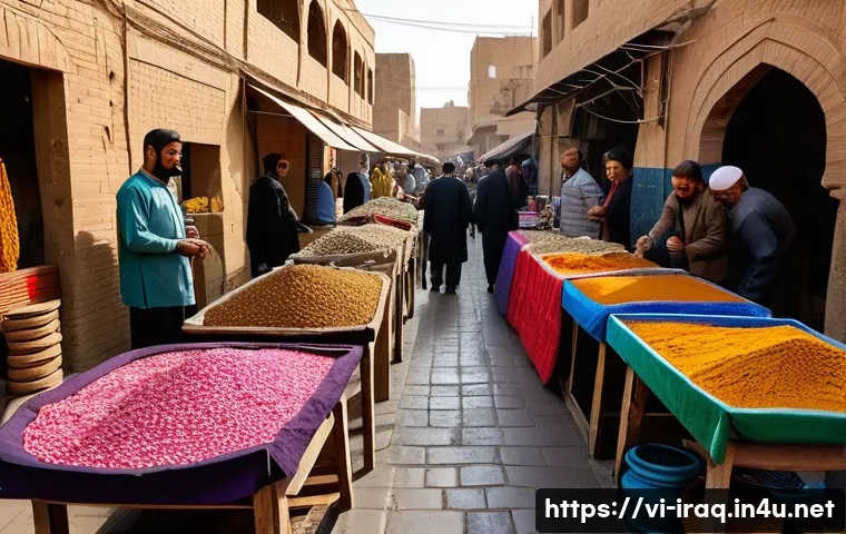 이라크 전통 시장 수크의 특징 - A vibrant traditional Iraqi market scene in Baghdad at midday, bustling with diverse crowds includin...