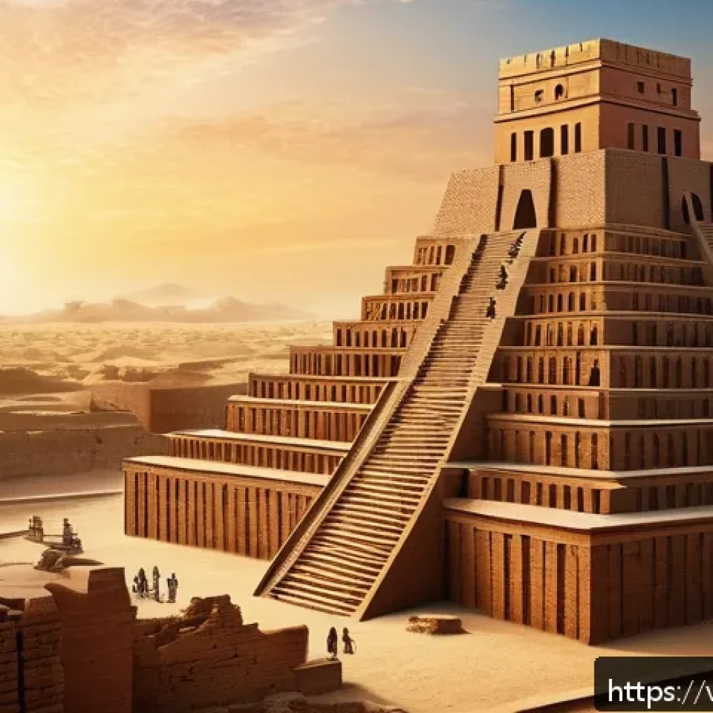 이라크 유적지 바벨탑 - A detailed digital reconstruction of the ancient Tower of Babel as a massive multi-tiered ziggurat, ...