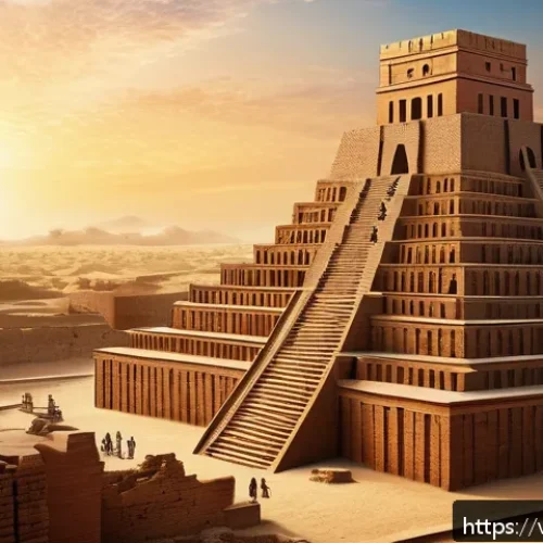 Home 31 이라크 유적지 바벨탑 - A detailed digital reconstruction of the ancient Tower of Babel as a massive multi-tiered ziggurat, ...