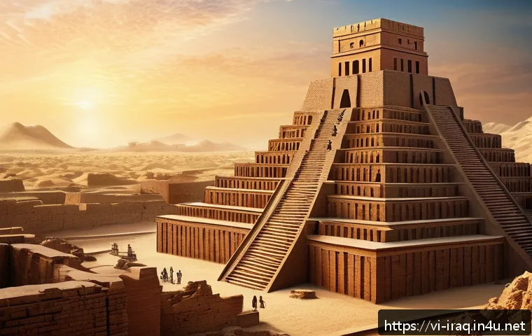이라크 유적지 바벨탑 - A detailed digital reconstruction of the ancient Tower of Babel as a massive multi-tiered ziggurat, ...