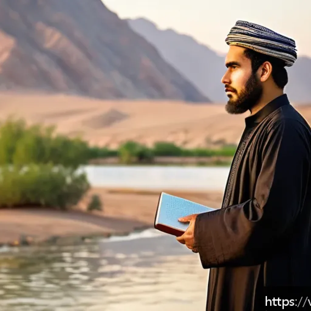 이라크 출신 유명 시인 - A thoughtful Middle Eastern male poet in traditional Iraqi attire, standing contemplatively beside t...