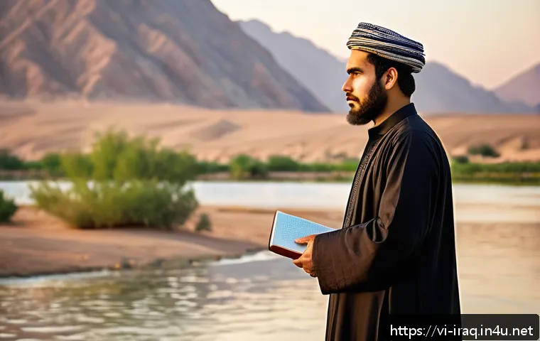 이라크 출신 유명 시인 - A thoughtful Middle Eastern male poet in traditional Iraqi attire, standing contemplatively beside t...
