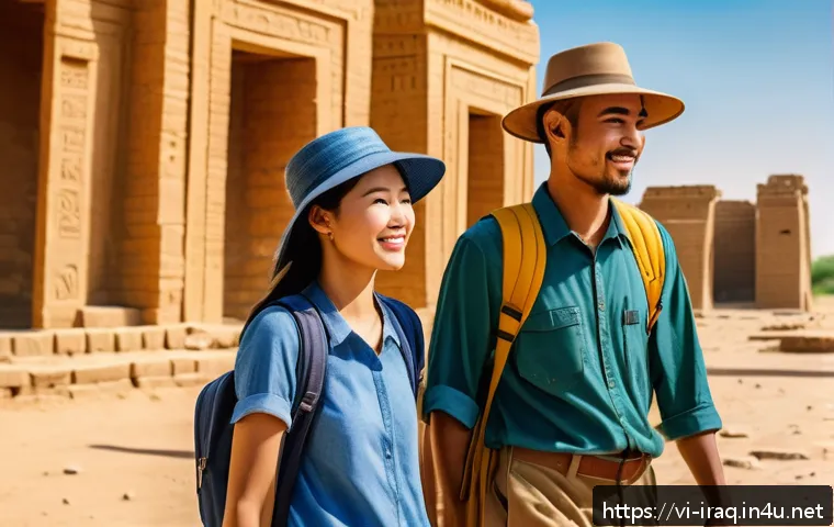 이라크 안전 여행 가이드 - A respectful Vietnamese tourist couple dressed in modest, culturally appropriate clothing exploring ...