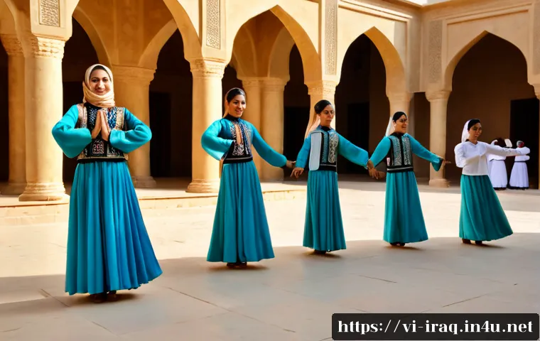 Home 17 이라크 전통 춤 스타일 - Photorealistic Iraqi traditional folk dance performance in a sunlit Baghdad cultural courtyard, a li...